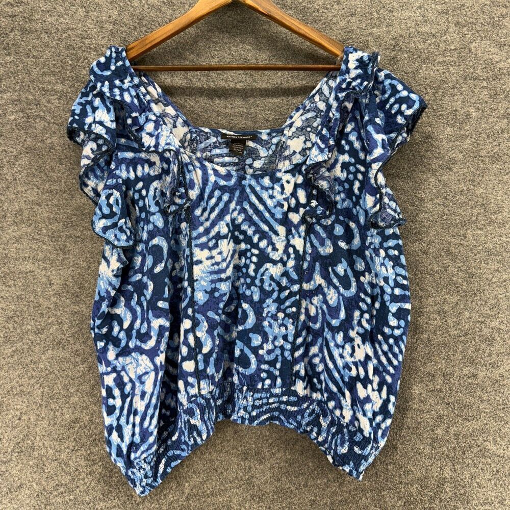 Ashley Stewart Blouse Women 22/24 Plus Blue Geometric Short Sleeve Cotton Casual